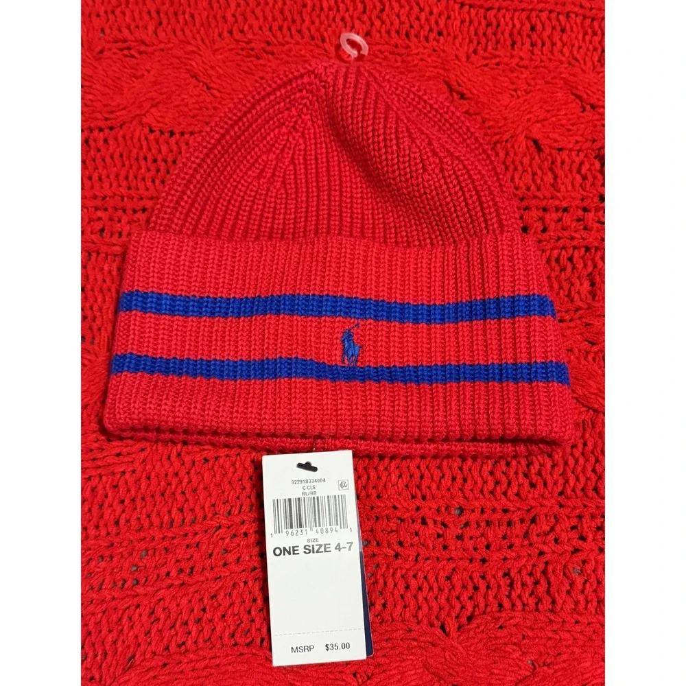 Polo Ralph Lauren Kids Red Blue Striped Ribbed Knit Beanie Hat One Size 4-7 NEW